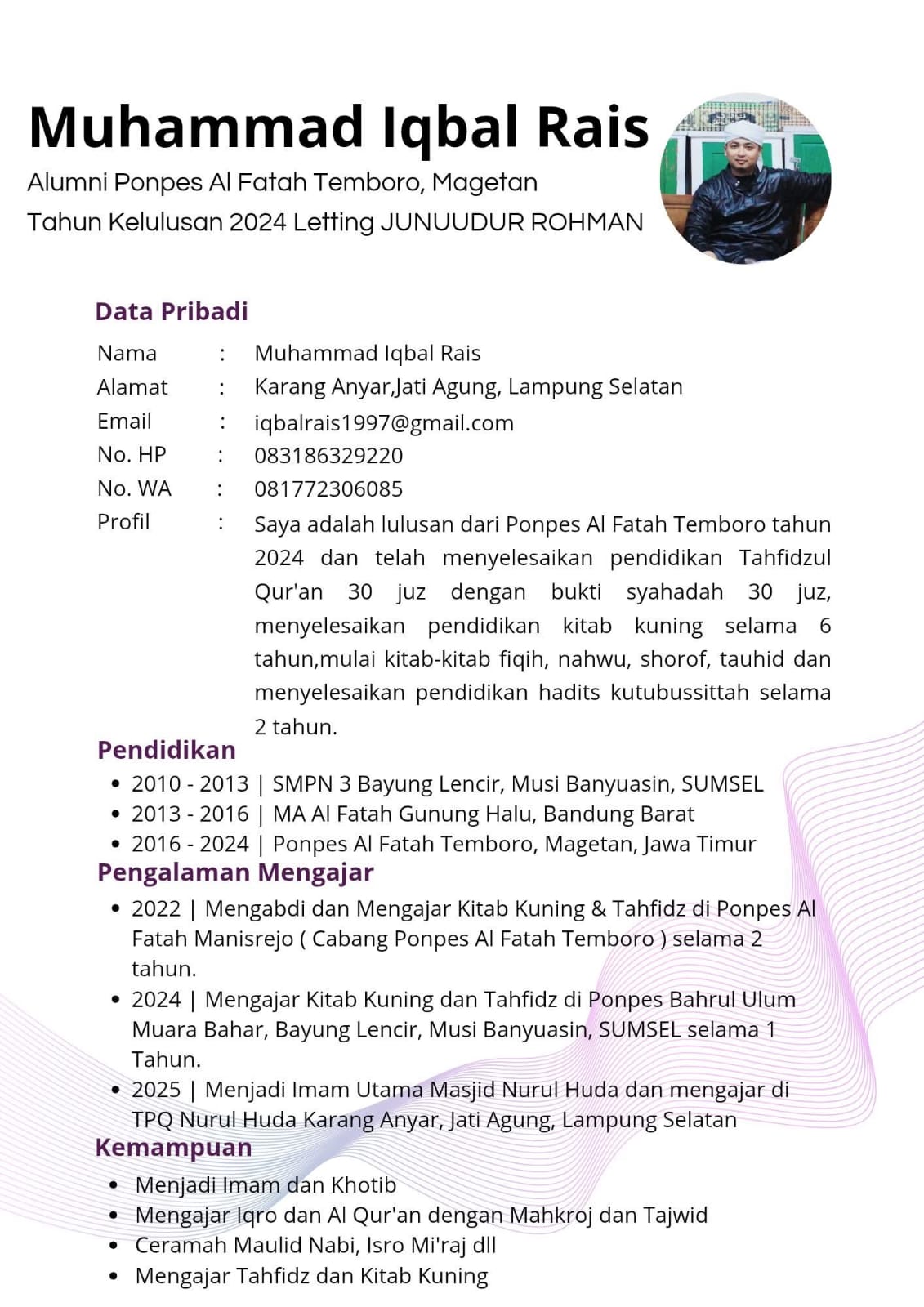 Muhammad Iqbal Rais - Jasa Mengajar Al-Qur'an, Kitab Kuning & Imam Masjid