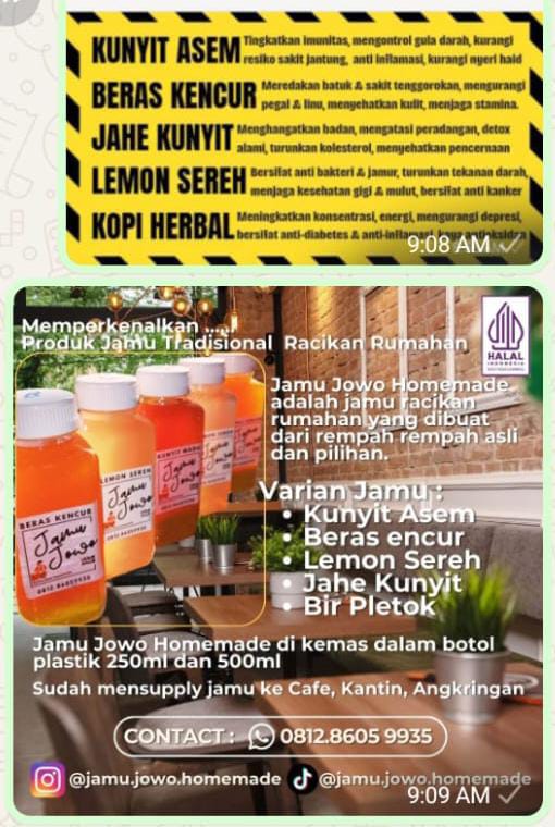 Jamu Jowo Homemade Racikan Tradisional (Kunyit Asem, Beras Kencur, dll)